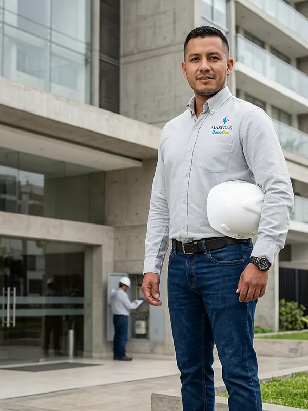 Supervisor de obra de MASIGAS con casco frente a un edificio