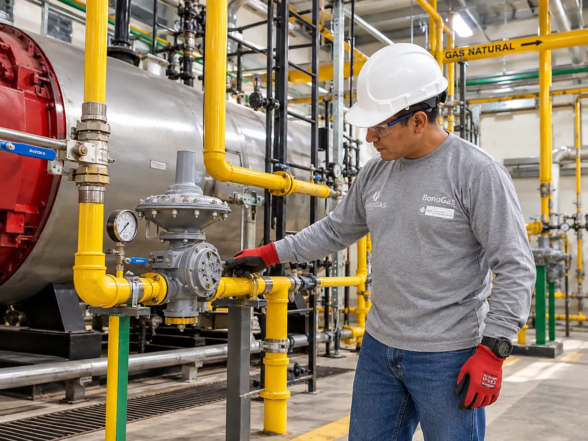 Técnico supervisando una estación de regulación de gas natural con tuberías amarillas en una planta industrial