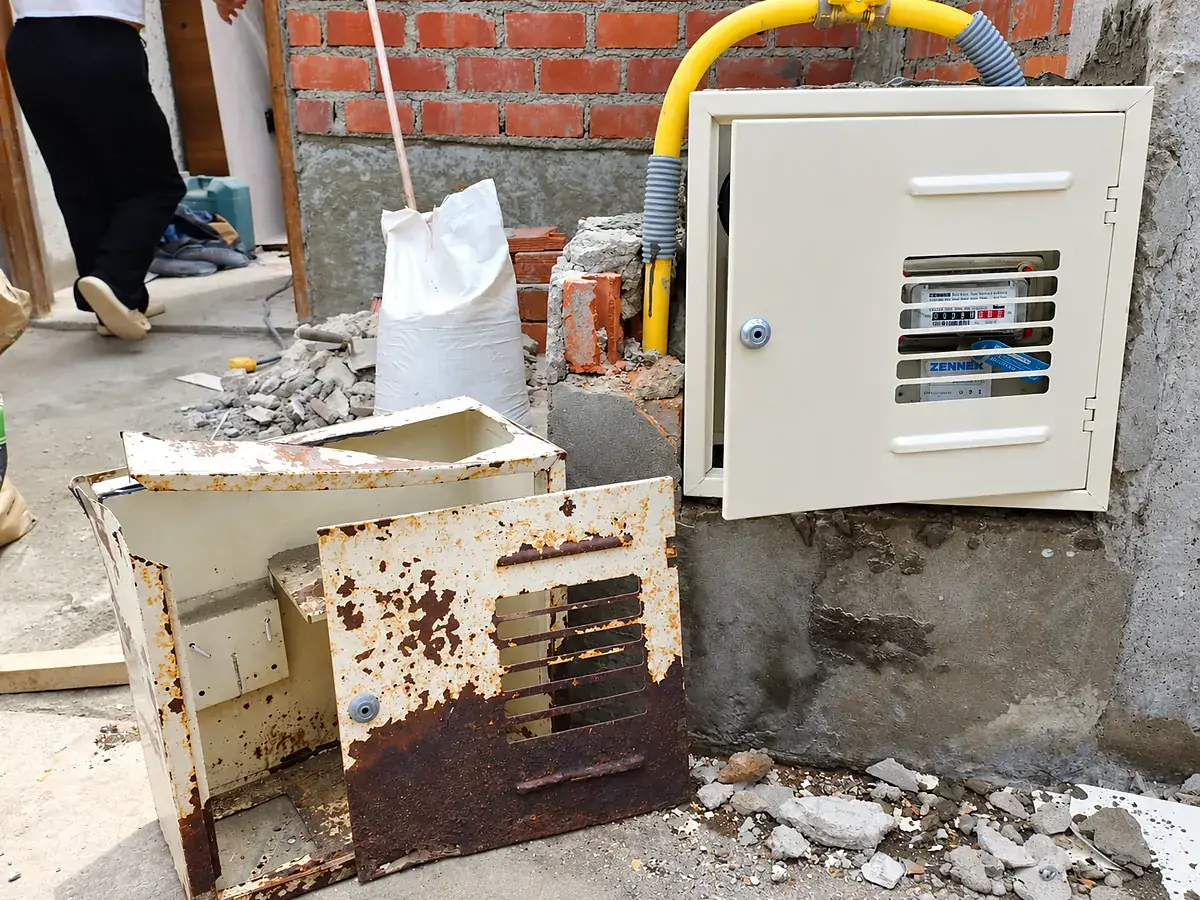 Gabinete de medidor oxidado retirado junto al gabinete nuevo ya instalado
