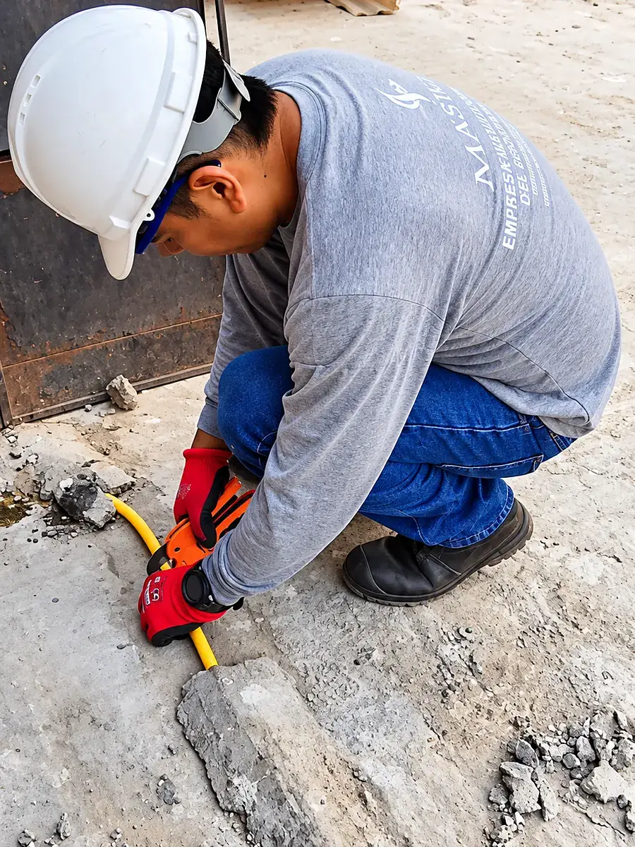 Técnico ubicando en la tubería existente el punto para instalar la tee