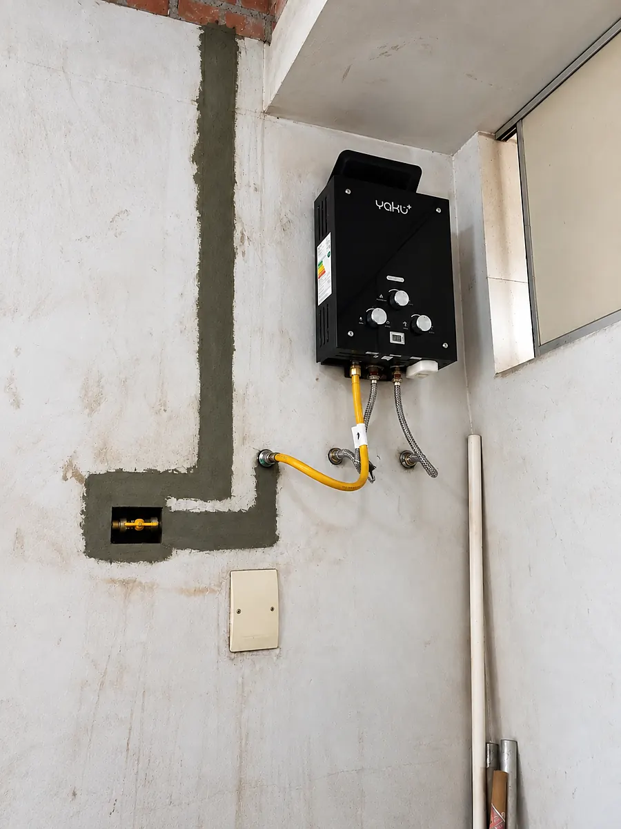 Terma a gas de 5.5 litros instalada en la pared con el muro resanado