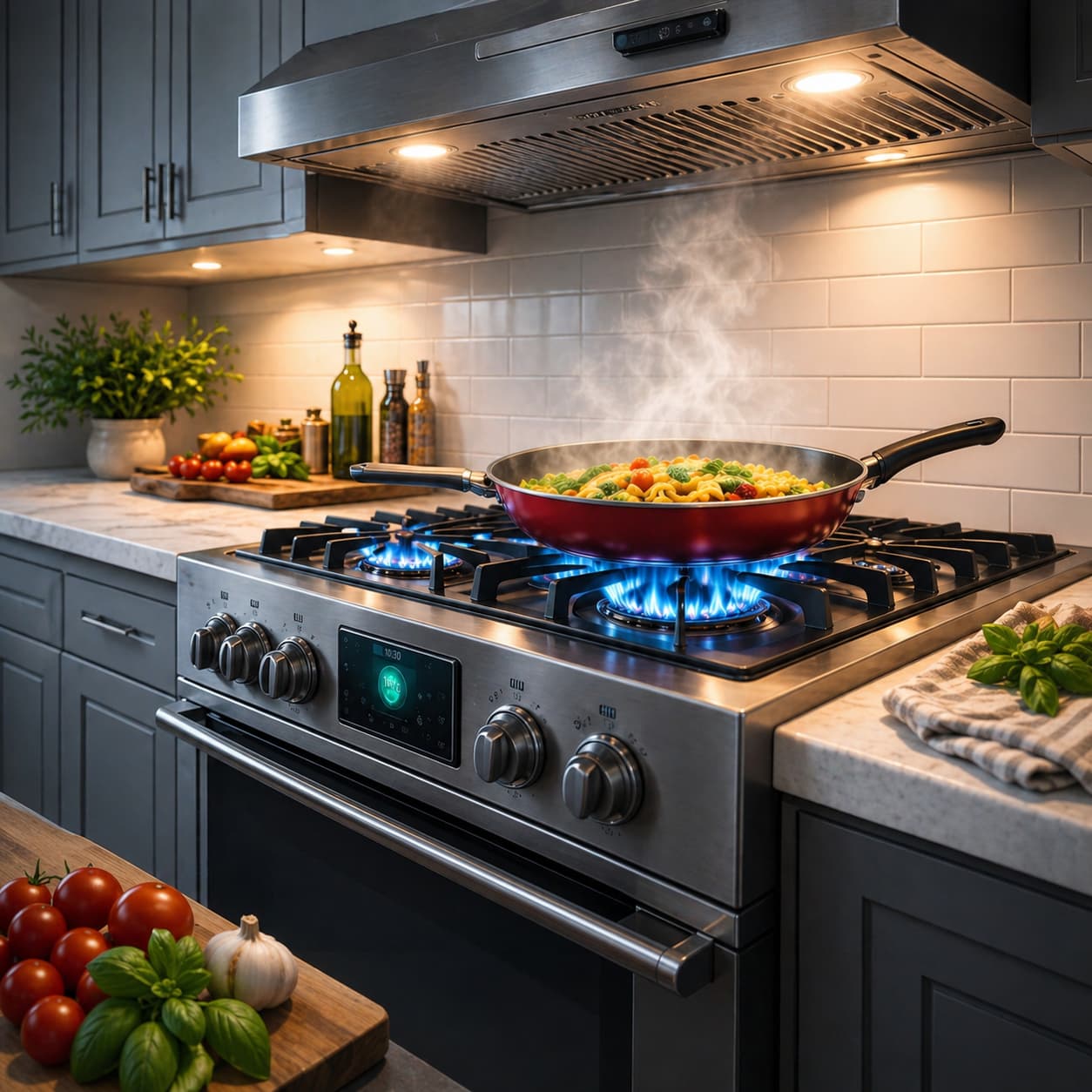 Instalación de cocina a gas natural con llama azul encendida